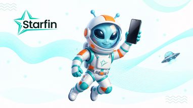 Рекламний банер бренду «Starfin», на якому зображений приязний синій інопланетянин у скафандрі космонавта, що тримає в руці смартфон на тлі футуристичних біло-блакитних ліній та маленької літаючої тарілки.