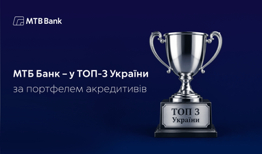 На синьому тлі — логотип МТБ Банку, нижче зображено срібний кубок із написом «ТОП 3 України», а поруч розміщено текст «МТБ Банк — у ТОП-3 України за портфелем акредитивів».