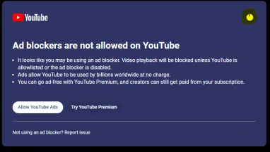 YouTube тестирует функцию полного запрета использования блокировщиков рекламы для пользователей