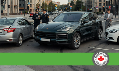 Дорожная авария с участием черного Porsche Cayenne, серебристого и белого автомобилей, рядом с которыми стоят полицейские и мужчина в костюме.