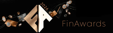 На черном фоне размещен большой золотистый логотип «FA», надпись «FinAwards», а также визуальные элементы в виде летящих монет и банковских карт.