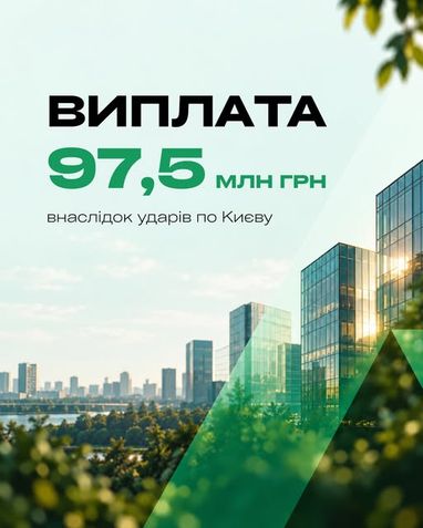 Информационный баннер о выплате 97,5 млн грн в результате ударов по Киеву на фоне современных стеклянных зданий и городского пейзажа