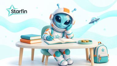 Логотип Starfin, поруч зображено робота-космонавта, який пише в зошиті за столом; поруч лежать книжки, монети та рюкзак, а на тлі зображено космічний корабель.