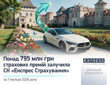 Баннер СК «Экспресс Страхование» сообщает о привлечении более 795 млн грн страховых премий за 7 месяцев 2026 года на фоне белого спортивного автомобиля у старинного замка.