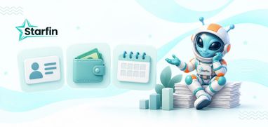 Логотип Starfin, праворуч робот-космонавт, який сидить на пачках документів поруч із календарем, гаманцем, посвідченням та графіком.
