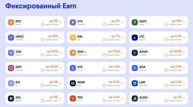 Процентные ставки на некоторые активы в программе Earn. Источник: EXMO.com