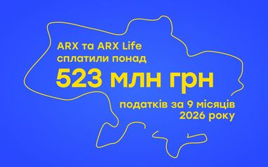 Баннер об уплате компаниями ARX и ARX Life свыше 523 млн грн налогов за 9 месяцев 2026 года на фоне желтого контура карты Украины