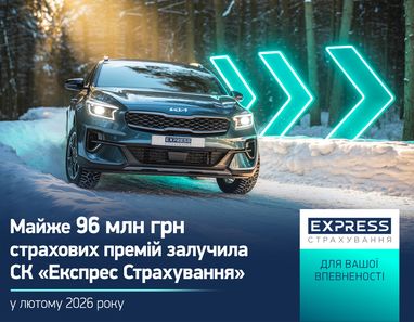 На фото представлено автомобіль Kia, який рухається зимовою дорогою. Майже 96 млн грн страхових премій залучила СК «Експрес Страхування» у лютому 2026 року.