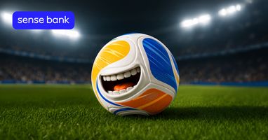 Изображение иллюстрирует акцию от Sense Bank вместе с Megogo с бесплатным доступом к чемпионату мира по футболу.