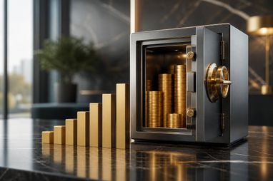 Открытый металлический сейф, заполненный золотыми монетами