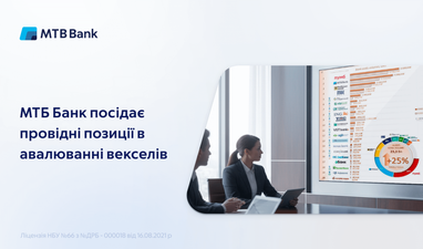 Логотип МТБ Банк, надпись «МТБ Банк занимает ведущие позиции в авалировании векселей», два человека сидят за столом и смотрят на большой монитор с изображением статистических данных