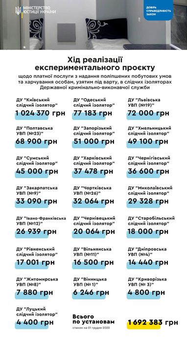 В Минюсте показали, сколько заработали на платных камерах в СИЗО (инфографика)