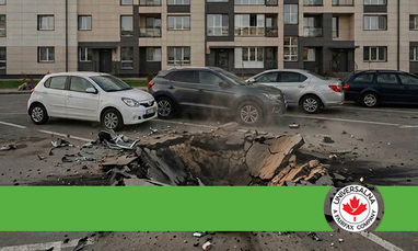 Большая воронка от взрыва на асфальтированной парковке возле многоэтажного жилого дома, где повреждены припаркованные автомобили и разбросаны обломки, а в нижней части зеленой полосы размещен логотип страховой компании UNIVERSALNA — A Fairfax Company.
