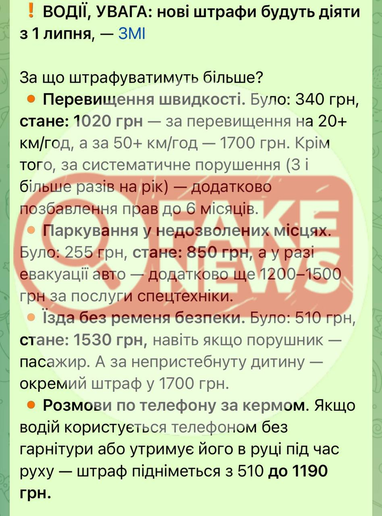 У поліції спростували фейк про нові штрафи за порушення ПДР з 1 липня