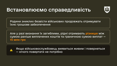 Родини загиблих і зниклих військових отримають однакові виплати