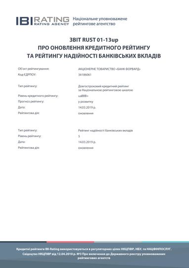 Forward Bank подтвержден рейтинг депозитов на уровне 5 (отличная надежность) и кредитный рейтинг на уровне uaBBB +