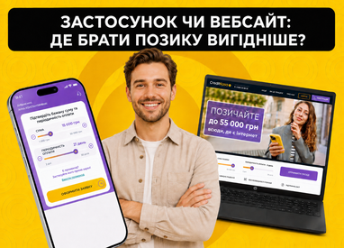 Рекламный баннер об онлайн-займах с мужчиной посередине, смартфоном с мобильным приложением и ноутбуком с сайтом кредитного сервиса на желтом фоне.