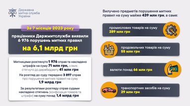 За 7 месяцев 2023 года таможни Гостаможслужбы выявили нарушений таможенных правил на сумму 6,1 млрд грн