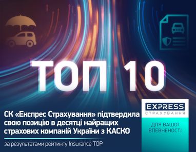 СК «Експрес Страхування» підтвердила свою позицію в десятці найкращих страхових компаній України з КАСКО за підсумками 2023 року