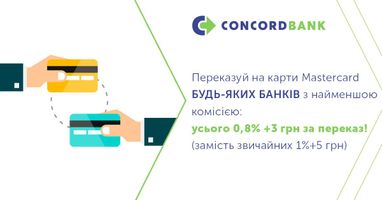 За переводы со всех карт Mastercard на все карты Mastercard клиенты Конкорд банка отныне платят ВСЕГО 0,8% + 3 грн комиссии