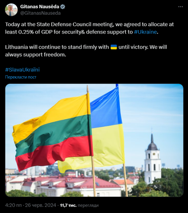 Литва выделит 0,25% ВВП на военную помощь Украине