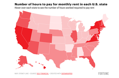 Теплова карта показує кількість годин праці, необхідних для покриття щомісячної орендної плати в кожному штаті