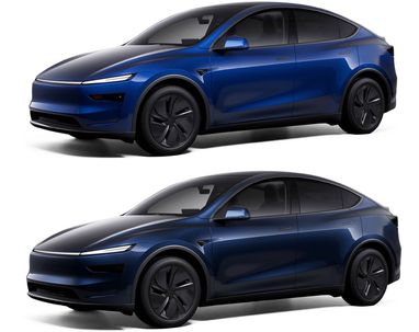 Модель Y в новом цвете Marine Blue против Deep Blue Metallic (вверху).