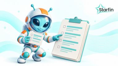 Рекламний банер бренду «Starfin», на якому приязний синій інопланетянин у біло-помаранчевому скафандрі тримає картку і вказує пальцем на великий планшет-органайзер із чек-листом на тлі плавних блакитних ліній.
