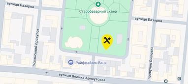 Схематичне зображення карти навколишньої інфраструктури та позначенням, де Райффайзен Банк розгорнув в Одесі пункт незламності.