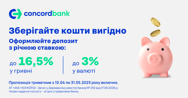 Зберігайте кошти вигідно – оформлюйте депозит у ConcordBank з річною ставкою до 16,5% у гривні та до 3% у валюті