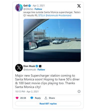 Илон Маск построит Tesla Supercharger в стиле 1950-х, с кинотеатром и закусочной