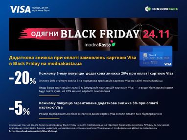 До 20% скидки на самые модные вещи на modnaKasta.ua в черную пятницу с картой Visa от Конкорд банка