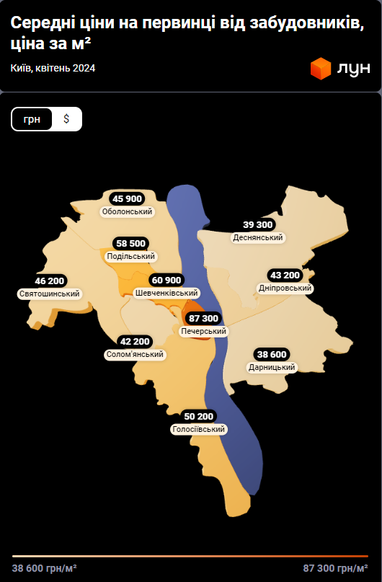 Ціни у квітні на квартири на первинному ринку в столиці (за районами)