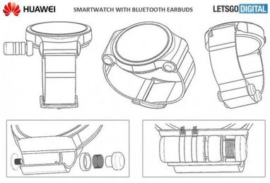 Huawei запатентувала розумний годинник з кріпленням для бездротових навушників (фото)