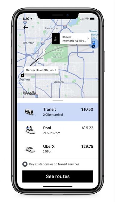 Uber добавил в приложение для поездок опцию выбора общественного транспорта - пока только в Денвере