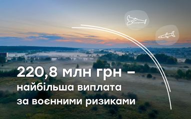 Банер про виплату за воєнними ризиками на суму 220,8 млн грн на тлі пейзажу з туманом та міськими будівлями