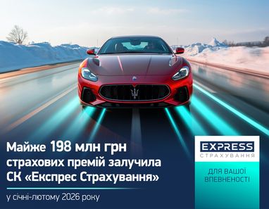 На изображении — красный спортивный автомобиль премиумкласса, двигающийся по заснеженной дороге. Он подчеркивает успешность СК «Экспресс Страхование» через конкретные финансовые показатели и ассоциирует со скоростью, надежностью и премиальным сервисом.